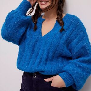 Anthropologie Pilcro Maggie Blue V Neck Fuzzy Sweater Oversized Fit Size S